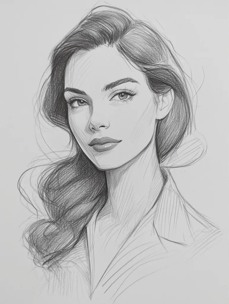 A meticulously detailed pencil sketch portrays a woman with flowing dark hair, parted to the side. Her gaze is direct, yet soft, complemented by delicately rendered features and subtly shaded neck and shoulders.  The artist skillfully uses shading to create depth and texture, particularly in the hair and clothing, suggesting a smooth fabric.  The overall style is realistic, yet maintains a graceful aesthetic.