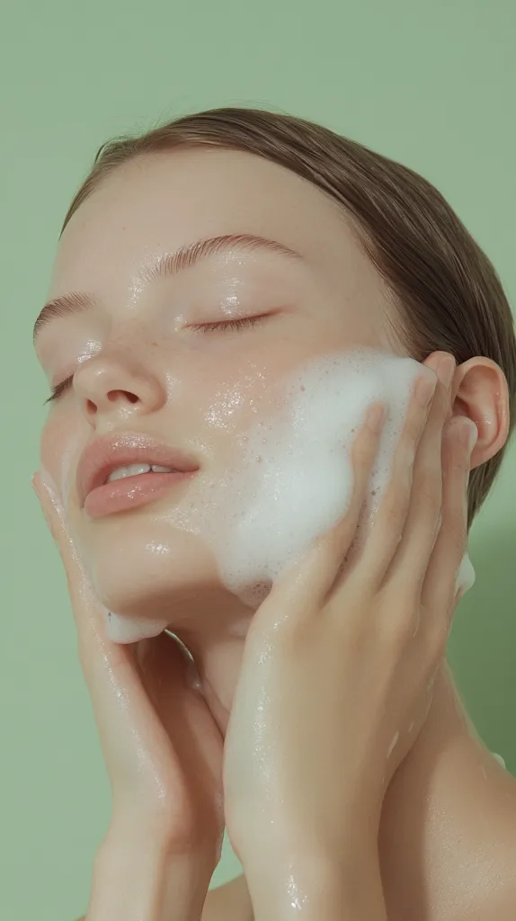 Close-up of a young woman with light skin gently cleansing her face with a rich, white foam cleanser.  Her eyes are closed, and her expression is serene. The background is a soft, muted green.  The image emphasizes the soft texture of the foam and the woman's calm, peaceful demeanor.