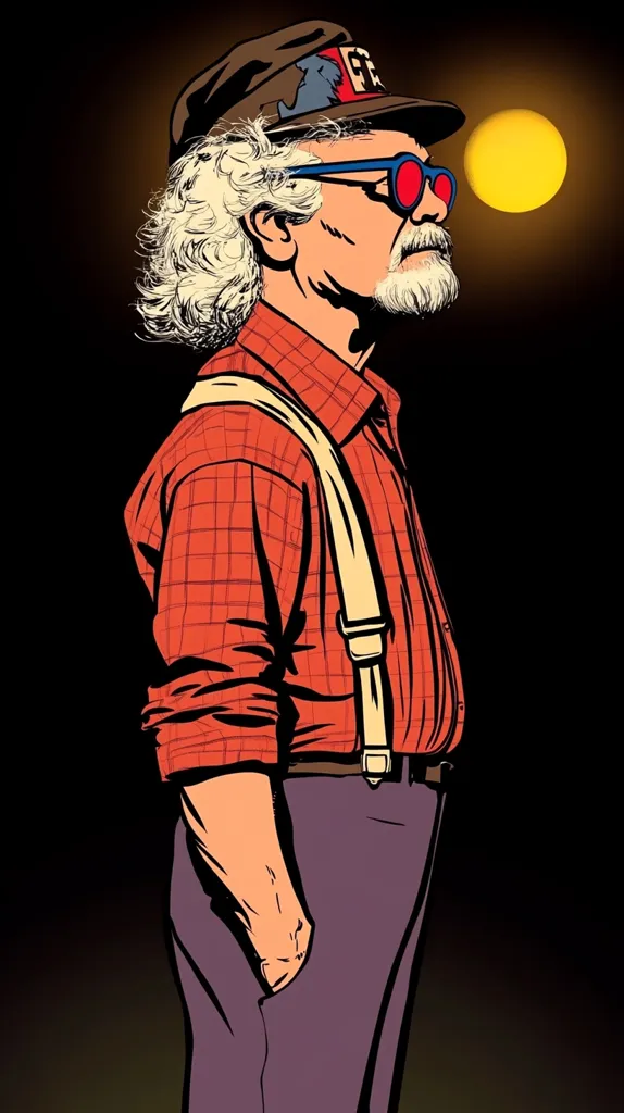 A stylized illustration of an older man with long, white curly hair, wearing a red plaid shirt, suspenders, purple pants, a cap, and red-tinted glasses.  He stands in profile, his hand in his pocket, against a dark background with a large, bright yellow sun or moon behind him.  The style is reminiscent of comic book art or a graphic novel.