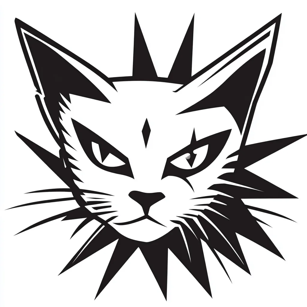 A stylized black and white illustration of a cat's head.  The cat has sharp, angular features, intense eyes, and a punk-rock inspired mohawk or mane of spiky fur surrounding its face. The overall style is bold and graphic, suggesting strength and attitude.  A small diamond-shaped marking is visible on its forehead.