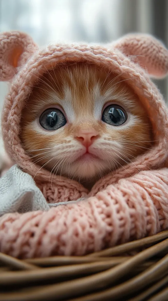 An adorable ginger kitten snuggles into a cozy, pink knitted sweater with bear ears.  Its large, expressive eyes peer out from the soft yarn. The kitten is nestled in a woven basket, creating a heartwarming and charming image. The pastel pink of the sweater complements the kitten's fur, enhancing its cuteness.