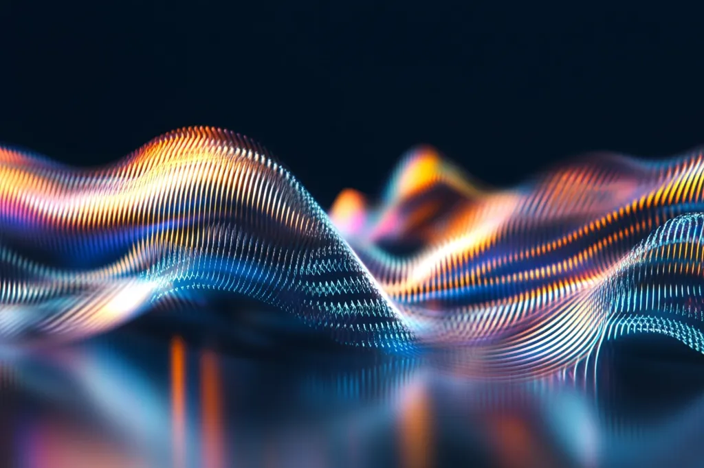 An abstract digital rendering showcases a dynamic wave of interconnected points.  The wave undulates across the frame, exhibiting a gradient of vibrant colors, primarily blues and oranges.  The particles are densely packed, creating a smooth, flowing texture with a subtle depth of field.  The dark background enhances the luminescence of the wave.