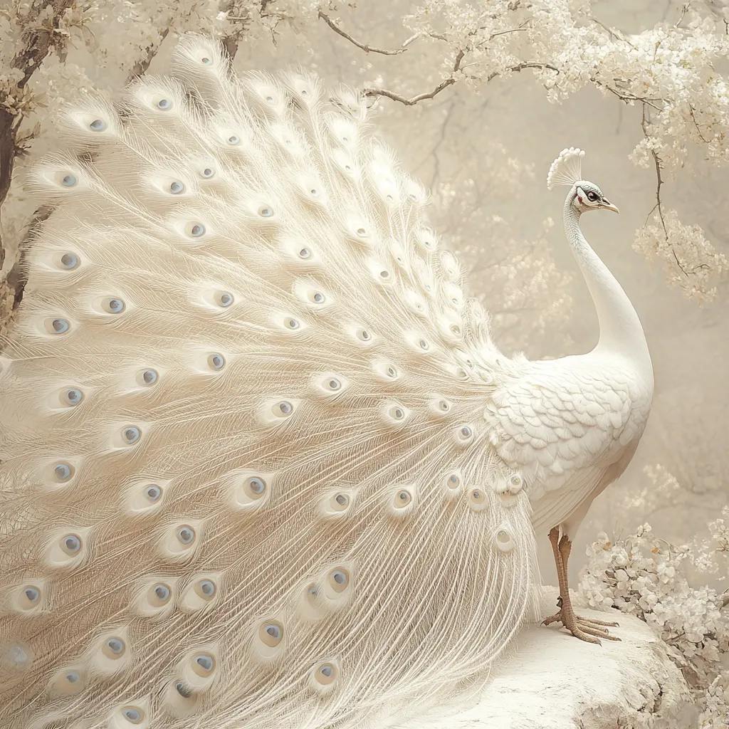 A majestic white peacock displays its exquisite plumage, a breathtaking spectacle of creamy white feathers adorned with delicate, light blue eyespots.  Its train is fully extended, showcasing the intricate detail of each feather. The bird stands proudly amidst a soft, dreamy backdrop of blossoming branches, creating a serene and elegant scene.