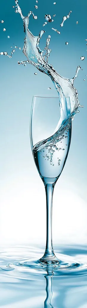 A tall, elegant stemmed glass is partially filled with water. A dynamic splash of water, frozen in mid-air, cascades into the glass, creating a visually striking contrast between the stillness of the glass and the energy of the splashing water.  The background is a soft, serene blue, enhancing the overall purity and freshness of the image. The water's surface reflects the glass and ripples gently.