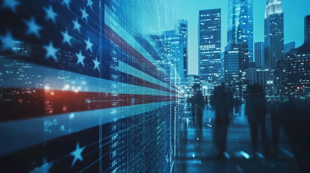 A digital representation of the American flag is overlaid on a cityscape at night.  Financial data streams across the flag's design, creating a visual blend of national identity and technological advancement.  Blurred figures of people walk through the scene, suggesting a bustling urban environment. The overall image evokes themes of American finance, technology, and modernity.