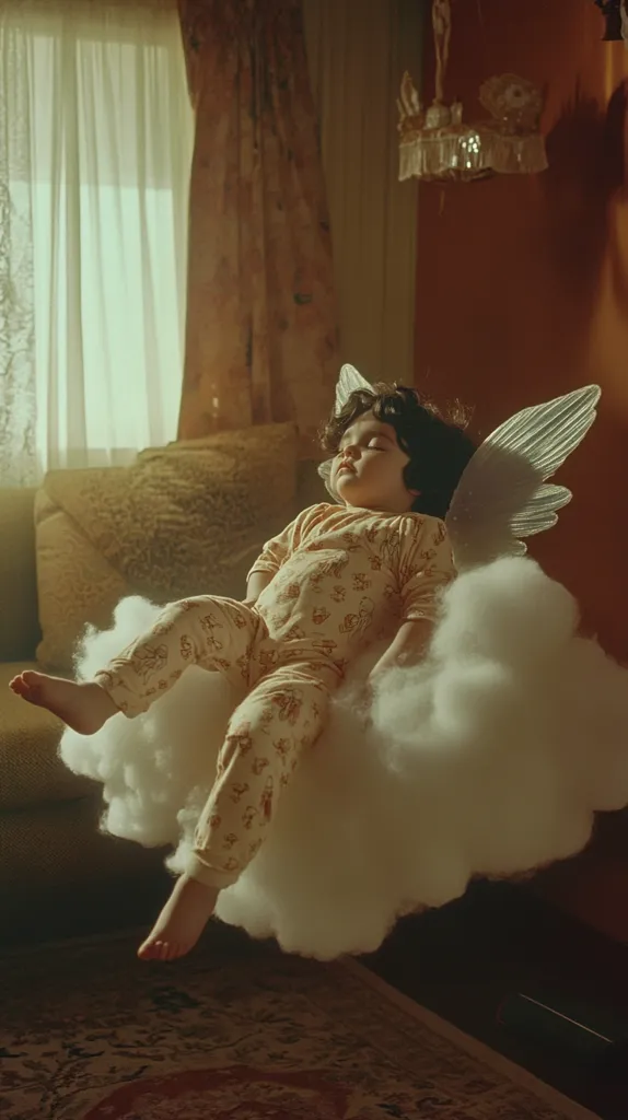 A young child, seemingly asleep, rests on a fluffy white cloud formation.  They wear light beige pajamas patterned with small designs and delicate, feathered angel wings. The setting is a warm, dimly lit room with curtains and a vintage chandelier, creating a serene, dreamlike atmosphere.  The child's peaceful expression adds to the overall sense of tranquility.