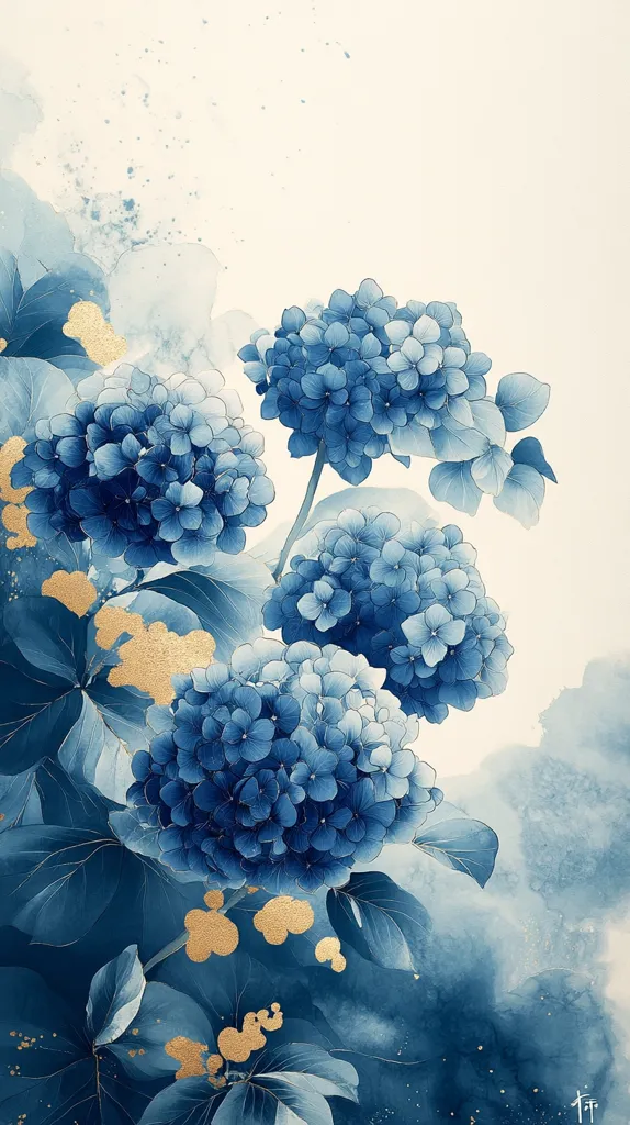 A watercolor painting showcases a cluster of vibrant blue hydrangeas, their blossoms densely packed with individual florets.  The deep blue hues are contrasted by delicate gold accents scattered across the leaves and background, creating a luxurious and serene atmosphere.  The soft, blended watercolor style evokes a sense of tranquility and elegance.