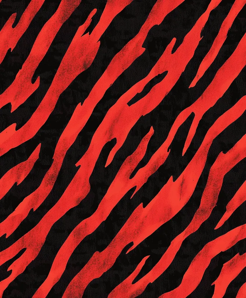 The image shows a seamless pattern of vibrant red and black stripes, mimicking a tiger or zebra print.  The stripes are irregular and slightly textured, giving a hand-painted or distressed look.  The red is a bold, slightly muted shade, contrasting sharply against the deep black background. The overall effect is bold and graphic.