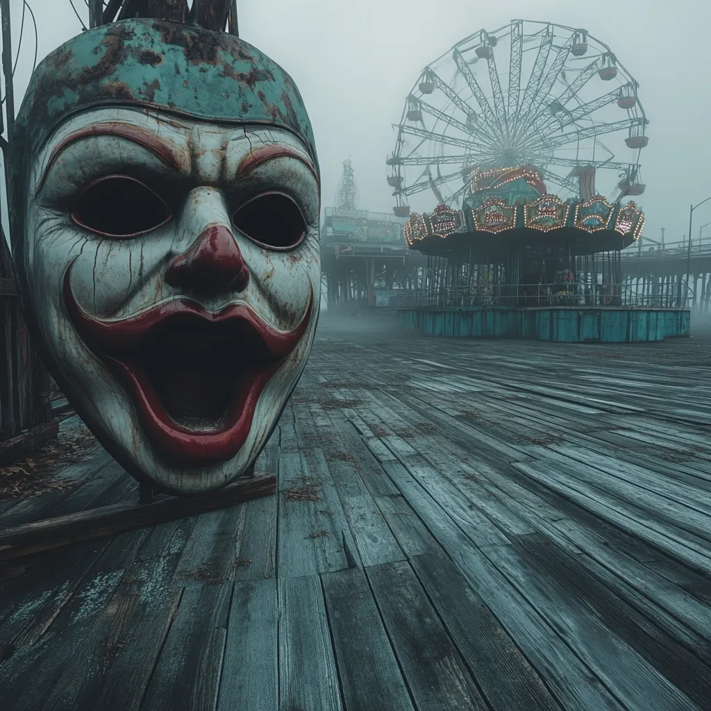 A large, weathered clown mask dominates the foreground, its gaping mouth and eerie expression contrasting with the desolate background.  A fog-shrouded pier stretches into the distance, featuring a Ferris wheel and carousel, both appearing abandoned and decaying.  The overall mood is one of unsettling mystery and eerie stillness. The wooden planks of the pier lead the eye towards the faded amusement park rides.
