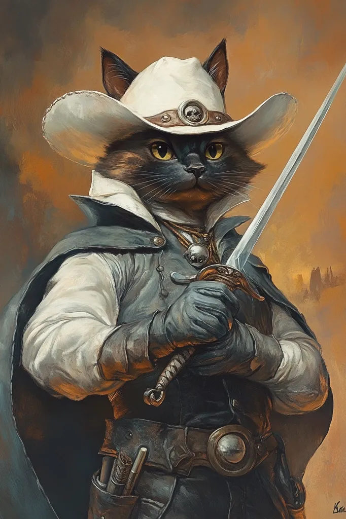 A regal-looking cat, adorned in a wide-brimmed cowboy hat and a dark, medieval-style outfit, holds a sword.  The cat's expression is serious and stoic.  The attire includes gloves, a belt with a large circular buckle, and a cape.  The background is a muted orange-brown, suggesting a desert or wasteland setting. The overall style is fantasy-realistic, blending animal and human characteristics with detailed clothing and weaponry.