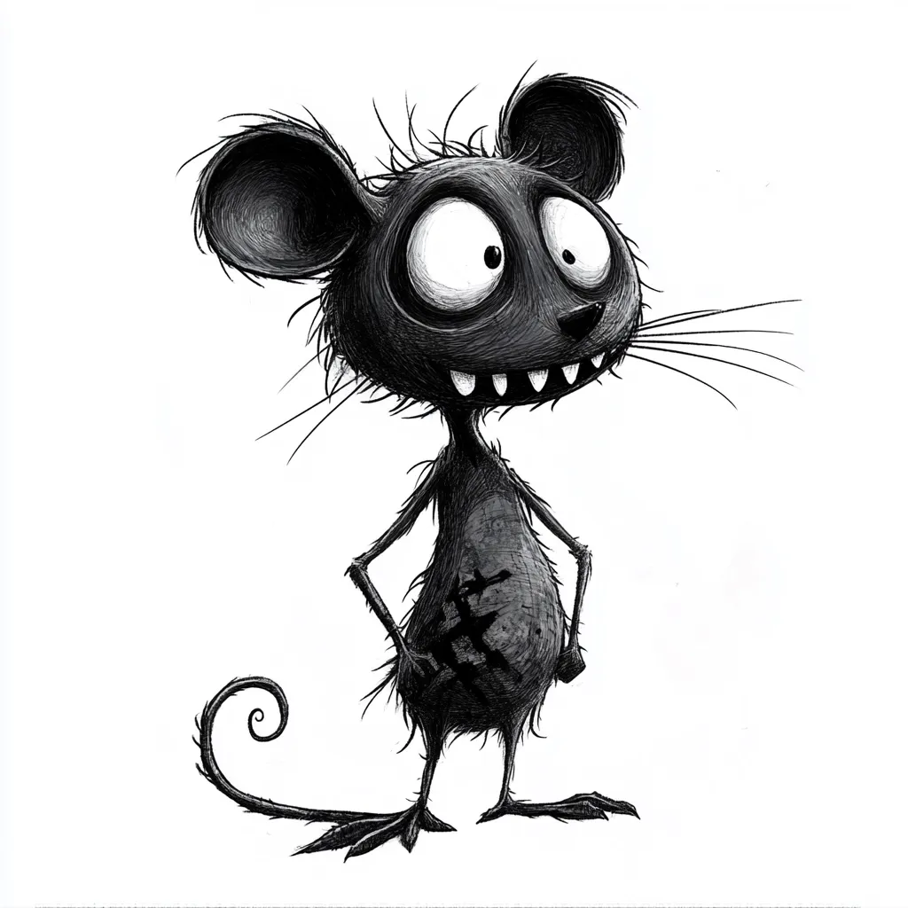 A whimsical, cartoonish mouse is depicted in a monochrome sketch. Its large ears, wide eyes, and toothy grin contribute to a slightly unsettling yet charming aesthetic.  The mouse's fur appears textured and messy, with a noticeable dark stain on its belly. Its posture is confident, hands on hips, and its tail curls playfully. The overall style is expressive and slightly grotesque, hinting at a playful darkness.