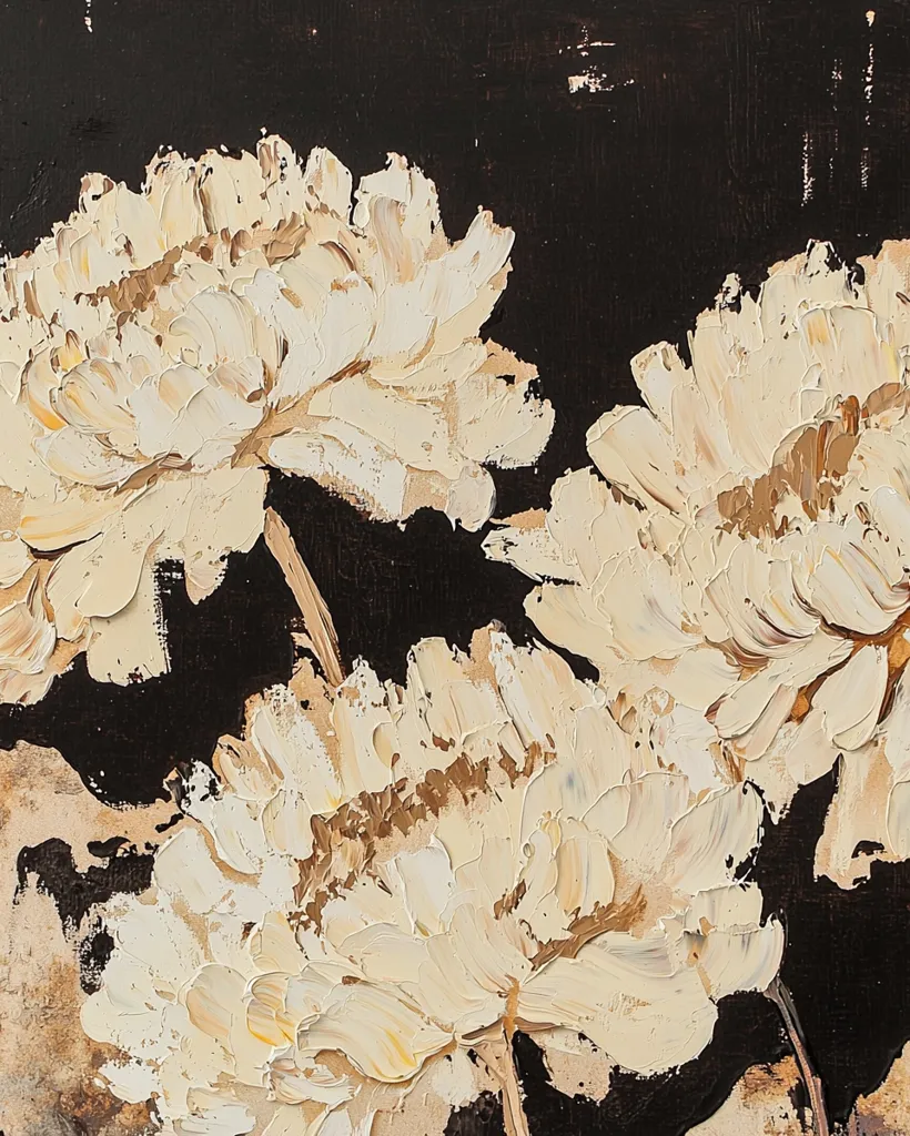 A close-up shows an impasto oil painting of three off-white flowers against a dark background.  The flowers are rendered with thick, textured brushstrokes, creating a sense of depth and movement.  The dark background provides a stark contrast to the light flowers, emphasizing their delicate details. The style is expressive and modern, showcasing the artist's skill in manipulating paint.