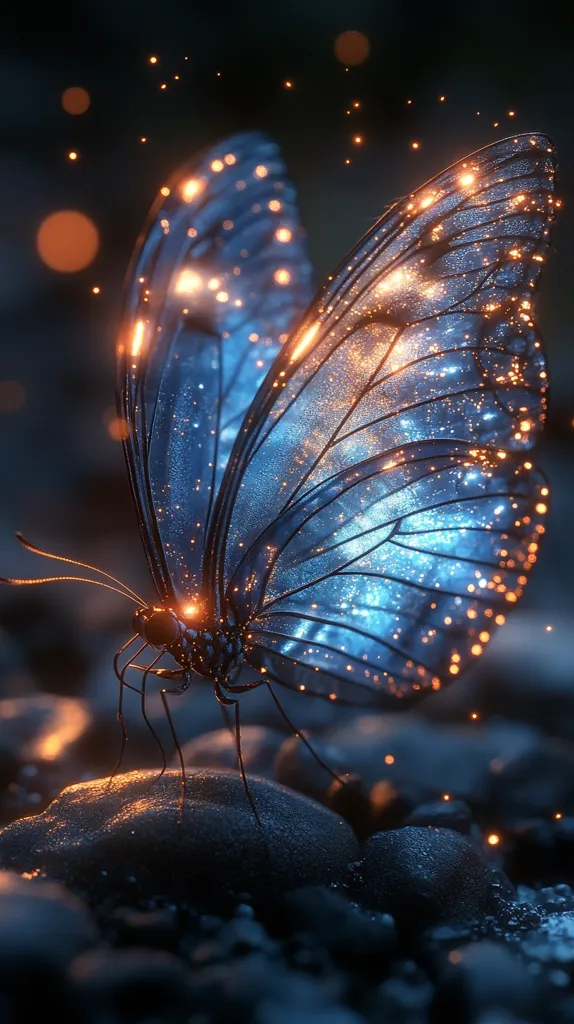 A digitally created image showcases a breathtaking butterfly. Its wings, translucent and dark blue, shimmer with embedded golden lights, resembling tiny stars.  The butterfly rests delicately on dark, wet stones, surrounded by a mystical aura of floating golden sparks. The overall effect is ethereal and magical, evoking a sense of wonder and fantasy.