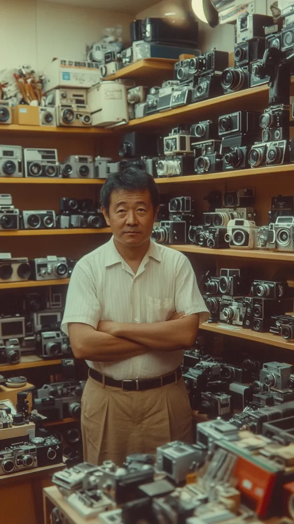 A middle-aged man with arms crossed stands in a camera shop surrounded by shelves overflowing with vintage cameras.  The shop is densely packed with various models and makes, showcasing a vast collection. The man appears to be the owner, possibly a collector or expert, given his proximity to the extensive inventory. The image evokes a sense of nostalgia for older photographic technology.