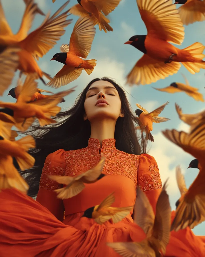 A serene woman with long dark hair, wearing a flowing orange dress, is surrounded by numerous vibrant orange birds in flight.  The birds create a dynamic, swirling pattern around her, contrasting with her peaceful expression and the soft, light sky.  The overall image evokes a sense of tranquility and connection with nature.