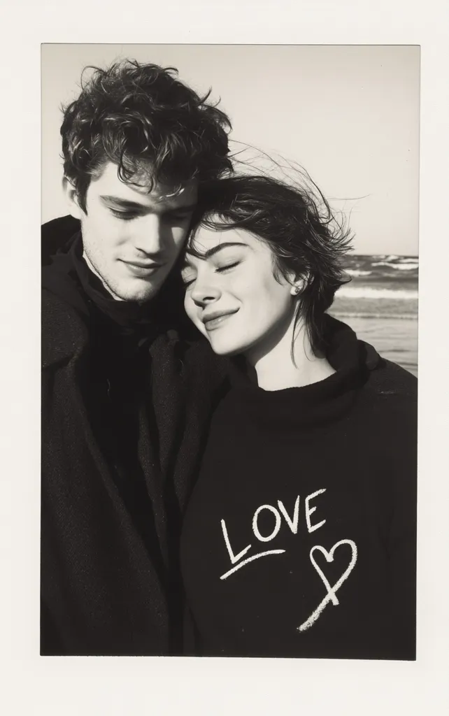 A black and white photograph captures a young couple embracing affectionately near a beach. The woman, wearing a black sweater with "LOVE" inscribed on it, rests her head on the man's shoulder.  Their close proximity and relaxed postures convey a sense of intimacy and love. The photograph's monochrome palette enhances the romantic mood, creating a timeless and tender image.