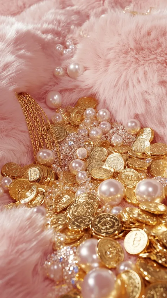 A pile of gold coins and pearls rests on a bed of pink faux fur.  Several gold necklaces are intertwined with the coins and pearls, creating a luxurious and opulent scene. The image evokes feelings of wealth, femininity, and extravagance. The pink fur provides a soft, contrasting backdrop to the gleaming gold and pearly white accents.
