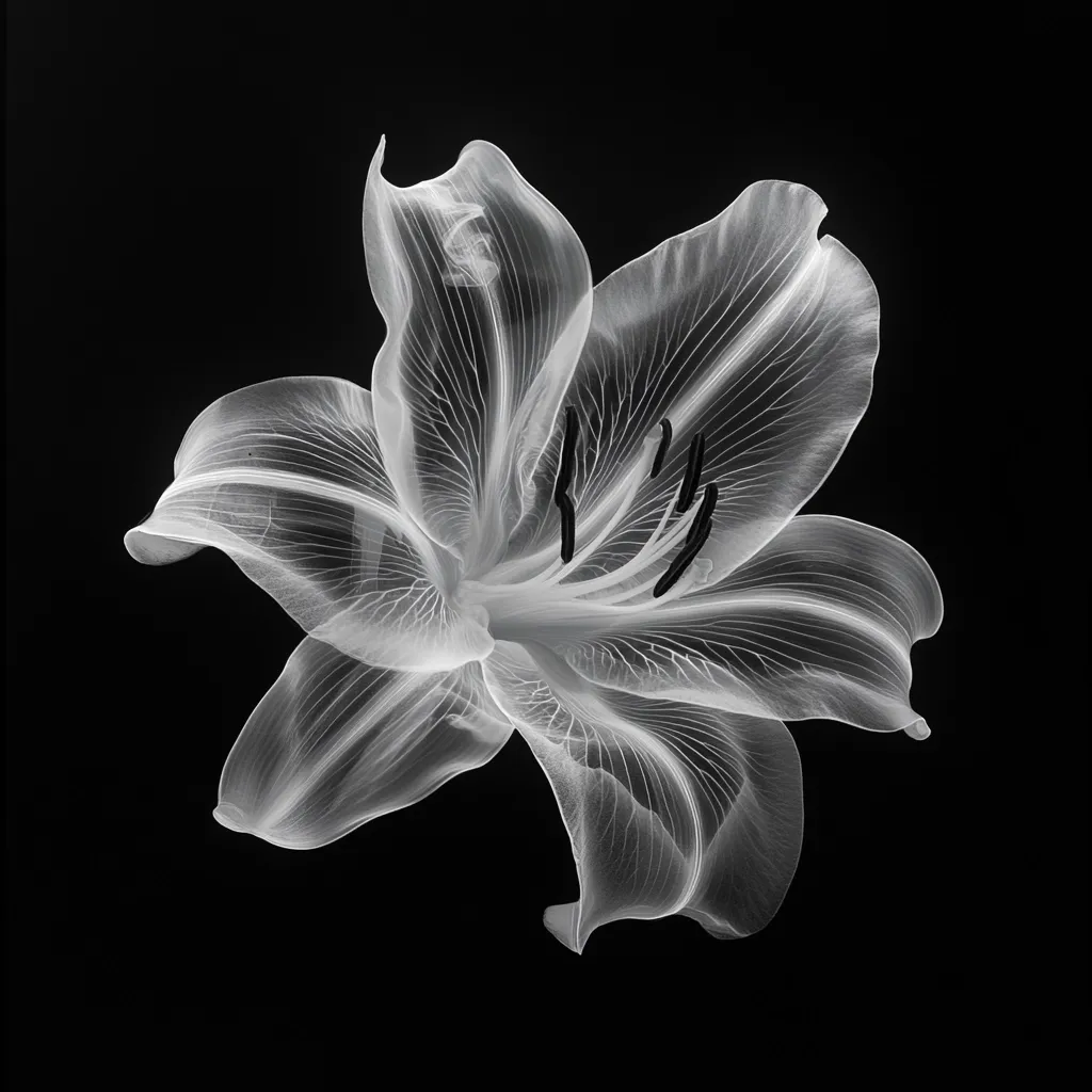 A monochrome image showcases a lily flower, its petals rendered translucent against a stark black background.  The delicate veins within the petals are strikingly visible, creating a ghostly, ethereal effect.  The image emphasizes the flower's structure and fragility, highlighting the beauty of its intricate details. The black and white palette enhances the dramatic contrast and emphasizes the delicate nature of the subject.
