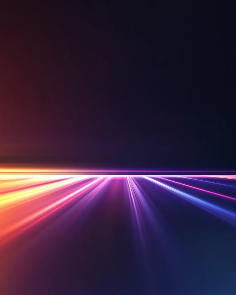 An abstract image depicts vibrant streaks of light converging towards a central vanishing point on a dark background.  The light rays radiate outwards, creating a dynamic, almost futuristic feel.  The color palette is predominantly purple, pink, and orange, with a subtle gradient transitioning from warmer tones on one side to cooler tones on the other. The overall effect is one of speed and energy.