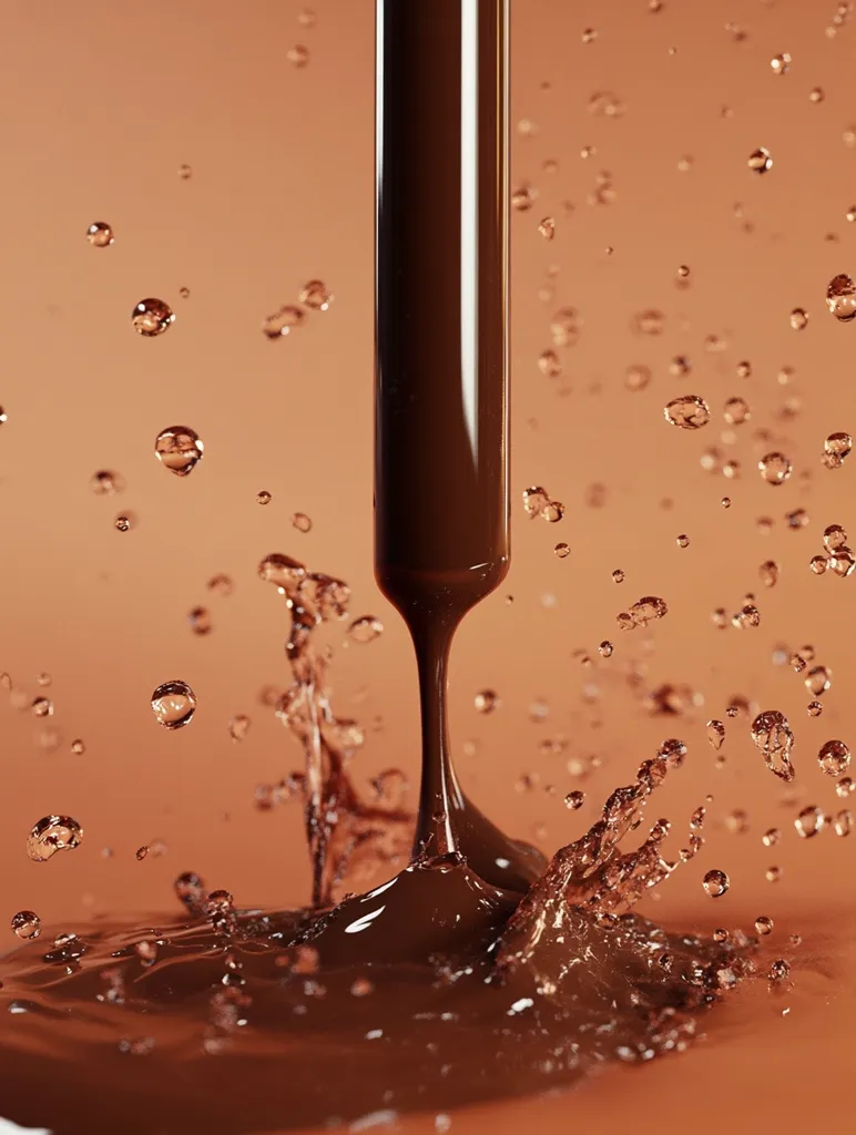 A stream of rich, dark chocolate pours into a pool of the same, creating a mesmerizing splash.  Chocolate droplets fly in the air, suspended momentarily before settling back into the liquid. The image focuses on the dynamic interplay of the falling chocolate and the ripples spreading across the surface, highlighting the smooth texture and glossy sheen of the decadent treat.