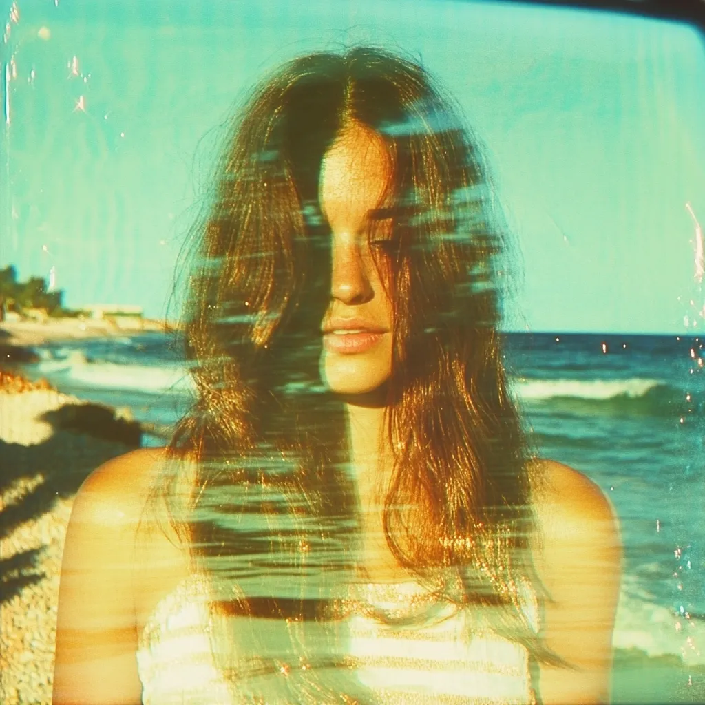 A dreamy, sun-kissed image of a young woman with long brown hair partially obscuring her face.  She is positioned against a blurred backdrop of a tranquil ocean and sandy beach, creating a serene and nostalgic atmosphere. The photo has a vintage, overexposed quality, suggesting a faded memory or a film effect. The overall mood is peaceful and evocative of summer.
