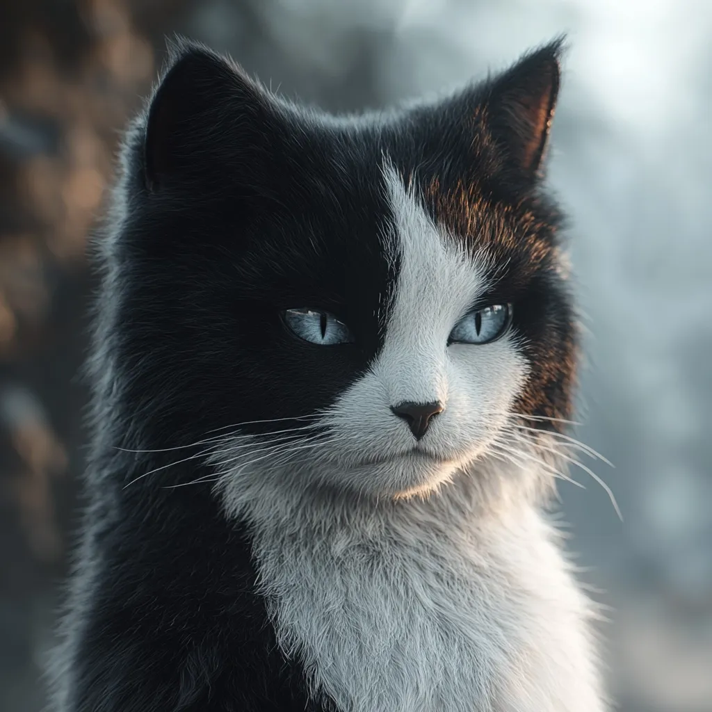 A striking tuxedo cat, predominantly black with a white blaze on its face and chest, gazes intently.  Its bright blue eyes stand out against its dark fur. The cat's thick, fluffy coat appears soft and well-groomed.  The background is blurred, drawing attention to the cat's captivating features.  The image suggests a calm yet alert demeanor.