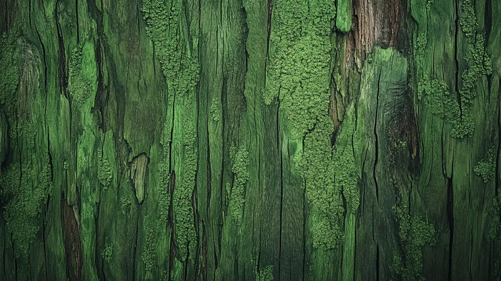 A close-up shot reveals the richly textured surface of aged, dark green wood.  Vertical lines of cracked paint or weathered wood grain are prominent, interspersed with patches of vibrant green moss or lichen.  The overall effect is one of deep color and organic texture, suggesting age and exposure to the elements.