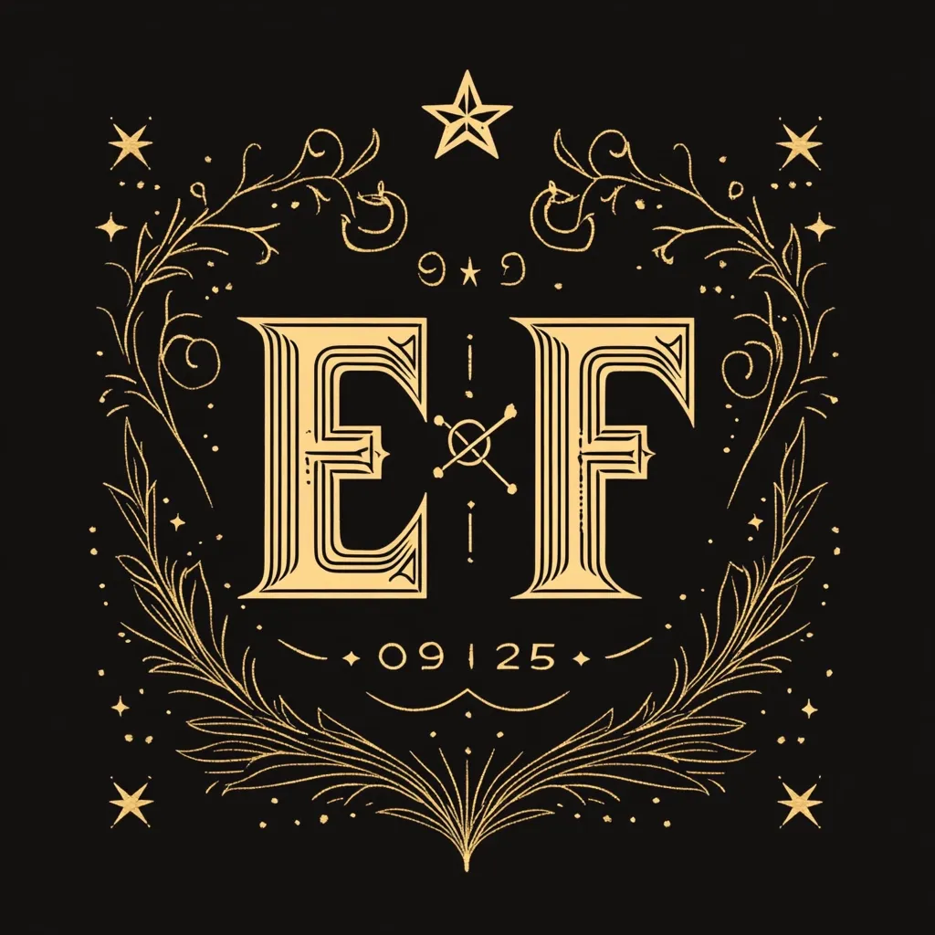 A gold design on a black background features ornate, stylized letters "E" and "F," connected by a small geometric symbol.  The letters are framed by a decorative wreath of leaves and flourishes, accented with stars and the date "0925."  The overall aesthetic is elegant, mystical, and reminiscent of vintage typography or a magical emblem.