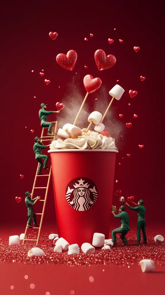 A whimsical Valentine's Day scene features miniature figures decorating a large Starbucks cup filled with whipped cream and marshmallows.  Red heart-shaped candies float around the cup, adding to the festive atmosphere.  The figures, dressed in green, add small hearts and appear to be working together to create a romantic beverage. The overall setting is a vibrant red, emphasizing the theme of love and the holiday.