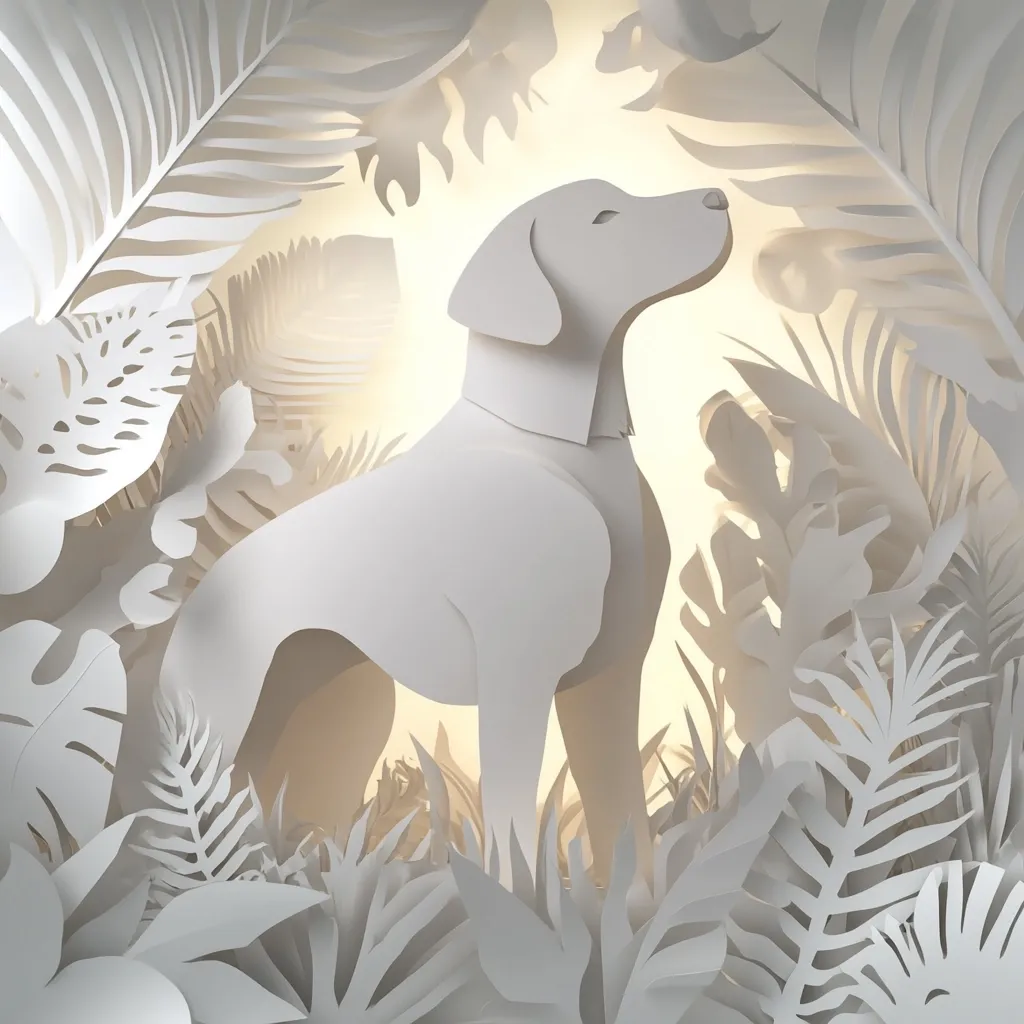 A white paper cutout of a dog stands serenely amidst a lush, tropical backdrop crafted from intricately cut paper leaves and plants.  The scene is softly illuminated, creating a warm, ethereal ambiance. The dog's posture is calm and contemplative, contrasting with the vibrant energy suggested by the surrounding foliage. The overall effect is delicate and artistic, showcasing the skill of paper cutting.