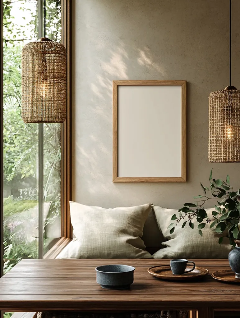 A tranquil corner features a wooden table set with a bowl and cup, illuminated by woven pendant lights.  A light green linen cushion rests on a window seat, offering a cozy ambiance.  A framed blank canvas and greenery add to the minimalist, natural aesthetic. Sunlight streams through a large window overlooking lush greenery.  The overall tone is serene and inviting.