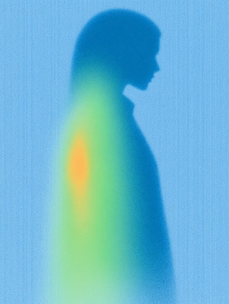 The image shows a stylized silhouette of a person, possibly a woman, facing to the right. The figure is depicted in shades of blue, with a gradient of warmer colors, including orange and green, emanating from the shoulder area. The background is a textured light blue. The overall impression is one of calmness and introspection, possibly suggesting inner light or healing. The soft, hazy quality of the silhouette adds to the ethereal feel of the piece.