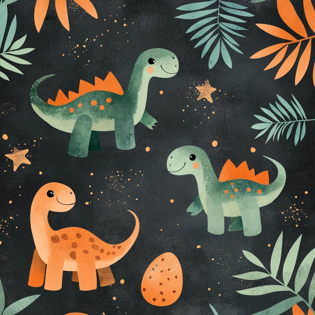A charming pattern features three adorable cartoon dinosaurs on a dark background.  Two teal dinosaurs, one larger and one smaller, sport orange spines. A smaller orange dinosaur adds a warm contrast.  Tropical leaves and scattered gold stars add a playful touch. A speckled orange egg sits amongst the whimsical creatures. The overall style is cute and slightly textured.
