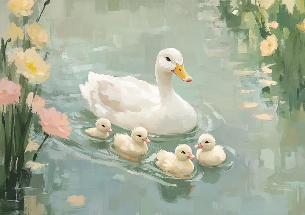 A serene painting depicts a mother duck and her four ducklings swimming in a calm pond.  The mother duck is white with a yellow beak, majestically leading her fluffy yellow ducklings. Soft pastel colors and impressionistic brushstrokes create a peaceful atmosphere, enhanced by delicate floral elements bordering the water's edge.  The overall feeling is one of gentle tranquility and familial love.