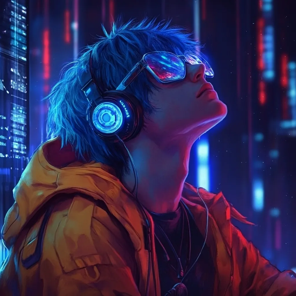 A stylized digital painting depicts a young man with vibrant blue hair, wearing futuristic headphones and sunglasses.  He's clad in a mustard-yellow jacket, his head tilted back against a backdrop of a neon-lit cityscape, awash in blue and red hues. The overall atmosphere is one of cyberpunk aesthetics and a sense of wonder or contemplation.