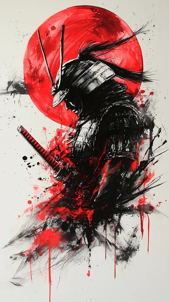 An abstract painting depicts a samurai, rendered in shades of black and red against a stark white background.  The samurai is partially obscured, his form suggested through bold brushstrokes and splatters of paint.  A large, vibrant red circle, reminiscent of a rising sun, dominates the upper portion of the artwork, adding to its dramatic intensity and symbolic depth.  The overall effect is one of power, mystery, and artistic expression.