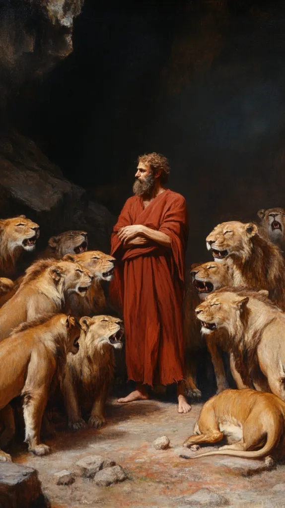 A painting depicts a bearded man in a long, red robe standing calmly amidst a group of lions. The man, possibly a biblical figure, faces the viewer with his arms crossed.  The lions, a mix of males and females, surround him, yet exhibit no aggression. The scene is set within a dark, rocky cave, highlighting the contrast between the man's serenity and the wild animals. The overall mood is one of quiet contemplation and unexpected peace.
