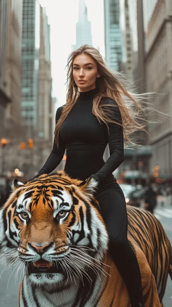 A young woman with long blonde hair, wearing a black turtleneck bodysuit, sits atop a large, realistic tiger.  The backdrop is a city street with tall buildings, creating a striking contrast between the urban environment and the wild animal.  Her expression is confident and direct, enhancing the powerful image. The tiger appears calm and docile.