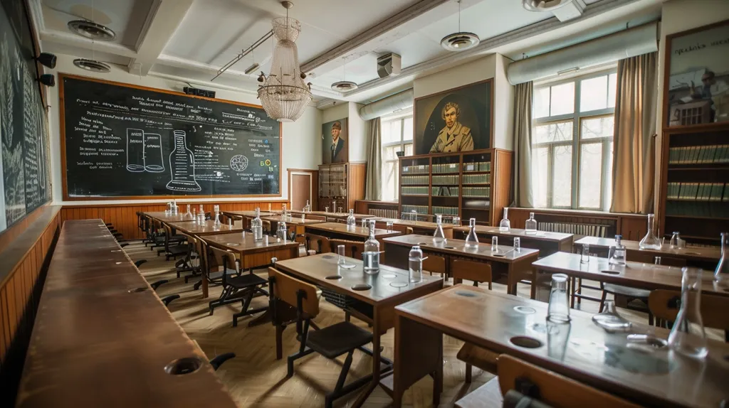 A vintage classroom is shown, filled with wooden desks arranged in rows.  A large chalkboard displays scientific diagrams.  Glass beakers and bottles sit on the desks, suggesting a chemistry or science lesson.  Bookcases line the walls, and portraits of men adorn the room.  The overall ambiance is old-world and scholarly.  A crystal chandelier hangs from the high ceiling. The room is well-lit and spacious.