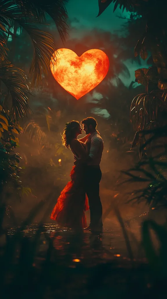 A romantic silhouette of a couple embracing under a heart-shaped moon.  The woman wears a flowing red dress.  Surrounding them is lush, dark foliage, creating a mystical and intimate atmosphere. The fiery orange hue of the moon enhances the passionate mood of the scene.  The overall image evokes feelings of love and enchantment.