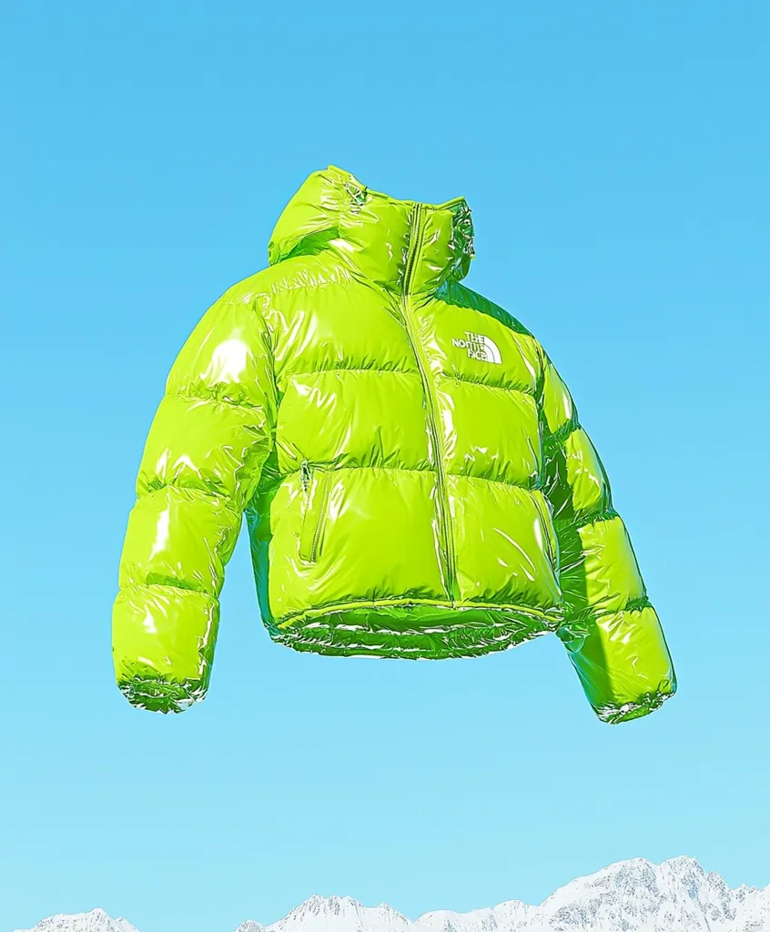A bright lime green, shiny puffer jacket by The North Face floats against a clear blue sky.  The jacket is cropped and features a hooded design.  Snowy mountain peaks are visible in the bottom of the frame, providing a contrasting backdrop to the vibrant outerwear.  The image is clean and minimalist, emphasizing the jacket's bold color and glossy texture.