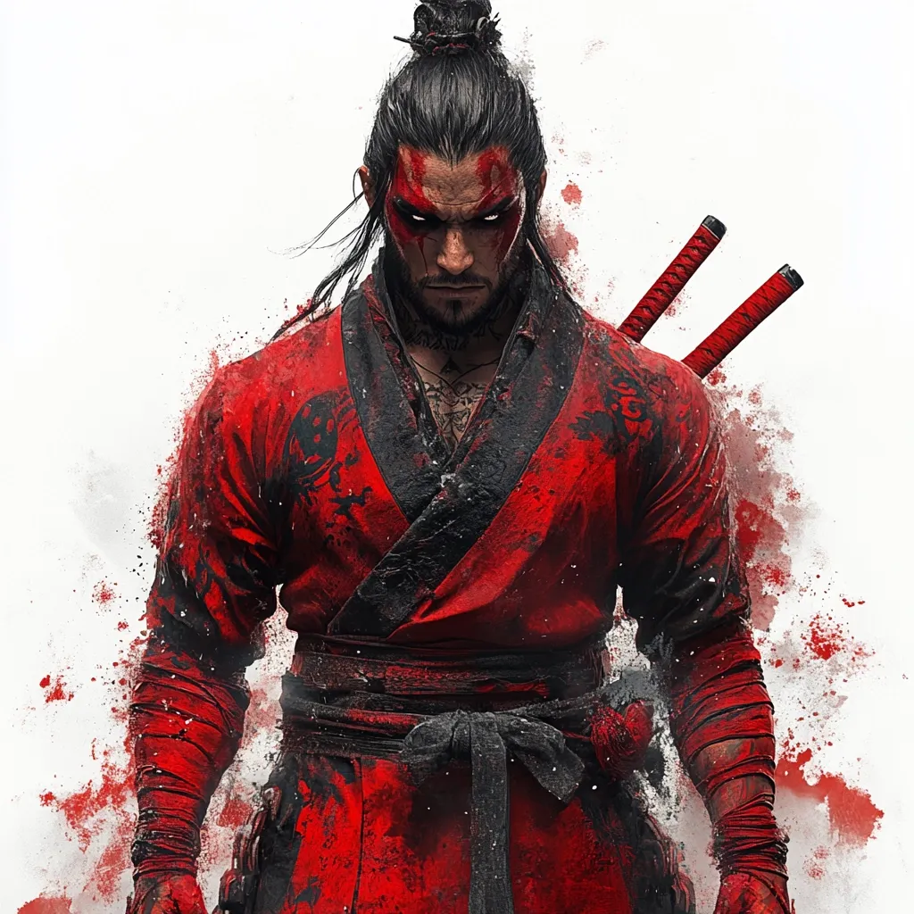 A fierce samurai, his face painted red, stands in a powerful pose.  He wears a blood-red kimono, stained and textured, with a black obi. Two sheathed katana rest on his back, against a splattered, painterly background of white and red. His intense gaze and serious expression convey a sense of lethal determination.  The overall style is a blend of digital art and traditional Japanese aesthetics.