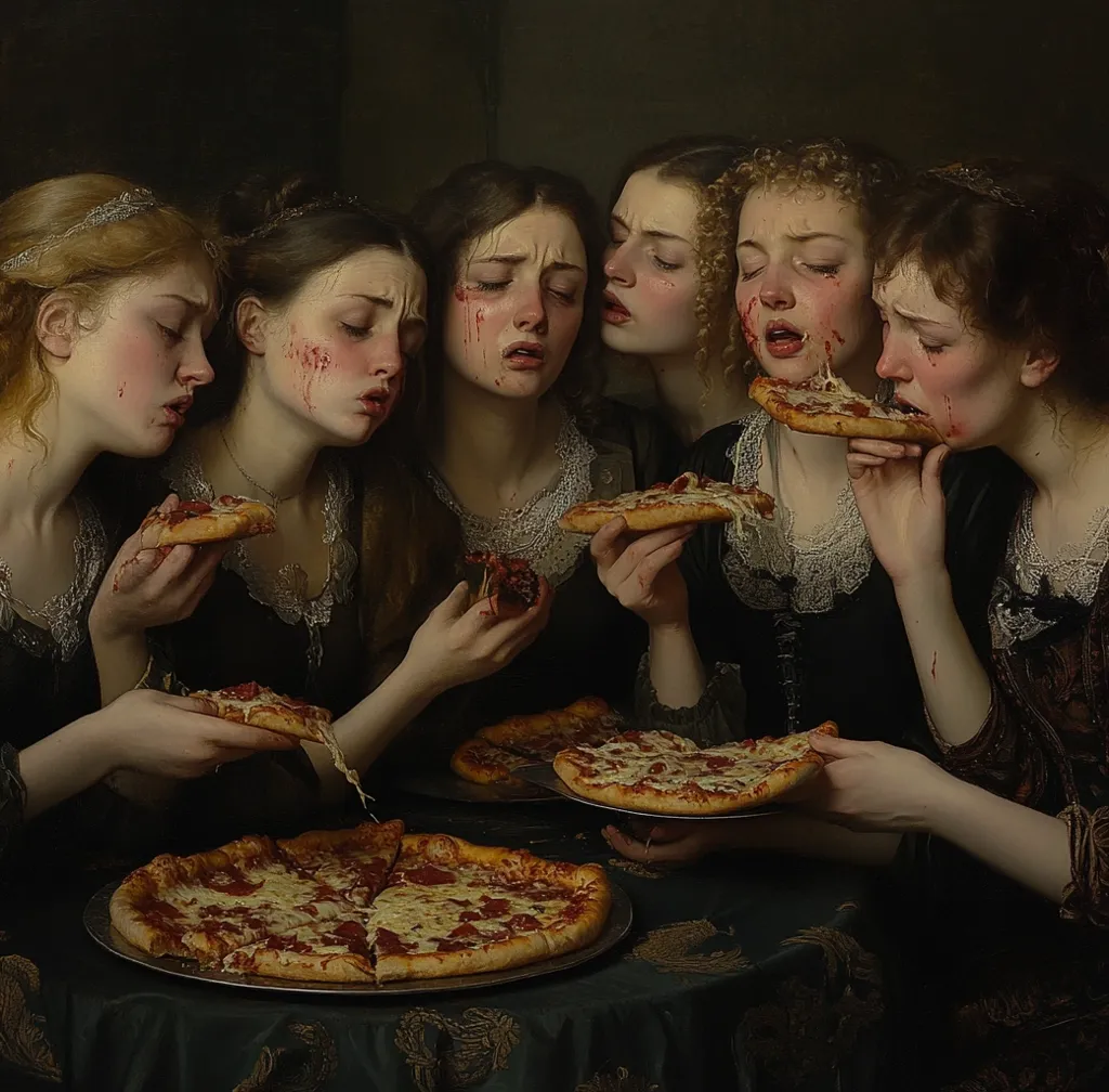 A painting in the style of old masters depicts six young women, dressed in dark, elegant gowns, gathered around a table laden with pizzas.  Their faces are smeared with pizza sauce and some show signs of minor injury, creating a darkly humorous juxtaposition of refined aesthetics and messy indulgence. The scene is dimly lit, enhancing the dramatic mood.