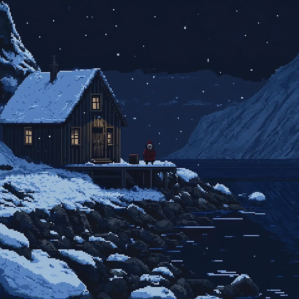 A pixel art depiction of a serene winter night scene. A small, snow-covered cabin sits on a rocky shoreline, overlooking a dark, calm body of water.  A lone figure in red stands on a dock near the cabin, under a softly falling snow.  Mountains rise in the background, adding to the isolated and peaceful atmosphere. The scene is rendered in a cool, dark palette, emphasizing the stillness of the night.