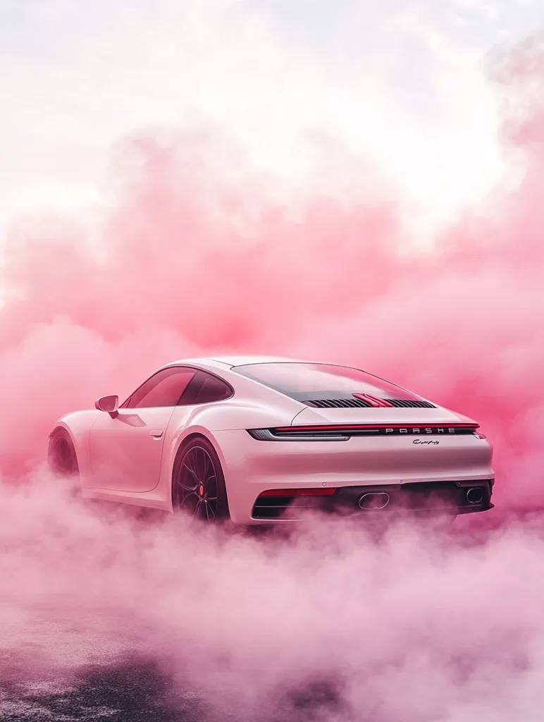 A white Porsche 911 Carrera is shown from the rear, enveloped in a cloud of vibrant pink smoke.  The car appears to be performing a burnout, with tire smoke billowing around it. The scene is dramatic and stylish, creating a striking contrast between the sleek car and the brightly colored smoke.