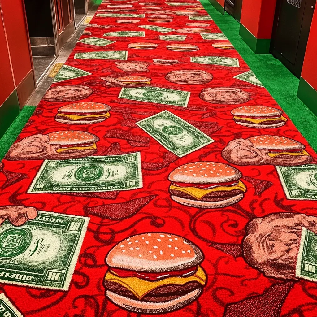 A red carpet hallway features a whimsical pattern of cheeseburgers and stylized one hundred dollar bills.  The burgers are depicted in detail, and the money is rendered in a slightly cartoonish style.  The overall effect is playful and eye-catching, creating a unique and memorable visual. The carpet lines a hallway with green walls, creating an unexpected contrast.