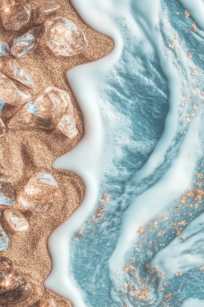 A captivating abstract image showcases a mesmerizing blend of textures and colors.  Sparkling gold sand, interspersed with translucent, golden-hued crystals, meets a swirling expanse of light teal, frothy waves.  The contrast between the granular sand and the fluid waves creates a visually striking dichotomy, enhanced by subtle flecks of gold throughout the water.  The overall effect is one of serene beauty and luxurious texture.