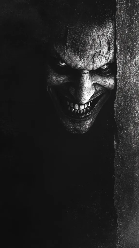 A black and white close-up reveals a monstrous face partially hidden behind a shadowed wall.  The creature's eyes are wide and intense, its mouth contorted in a sinister grin, displaying sharp teeth.  The texture of the skin is rough and aged, adding to the horrifying effect. The overall mood is dark and menacing, suggesting a lurking evil.