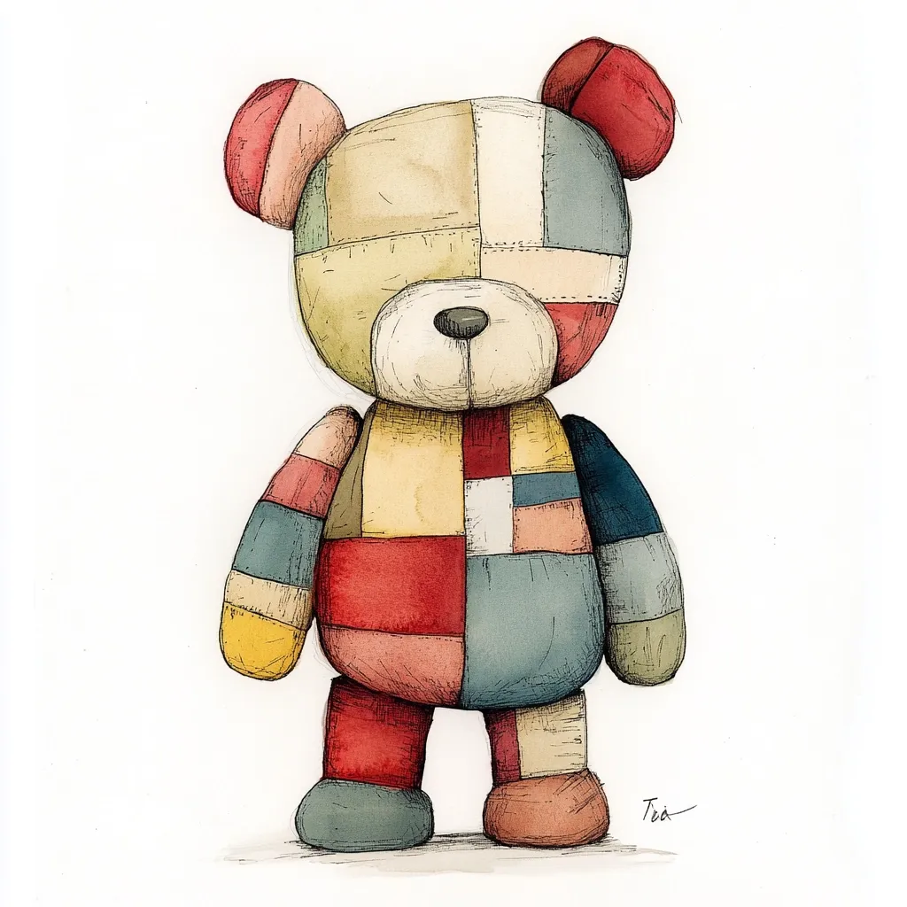 A charming illustration depicts a patchwork teddy bear.  Rendered in watercolor and ink, the bear's body is composed of colorful squares and rectangles in muted tones of red, yellow, blue, and beige.  Its simple features and slightly worn appearance create a nostalgic and endearing image. The artist's signature is subtly placed in the bottom right corner.