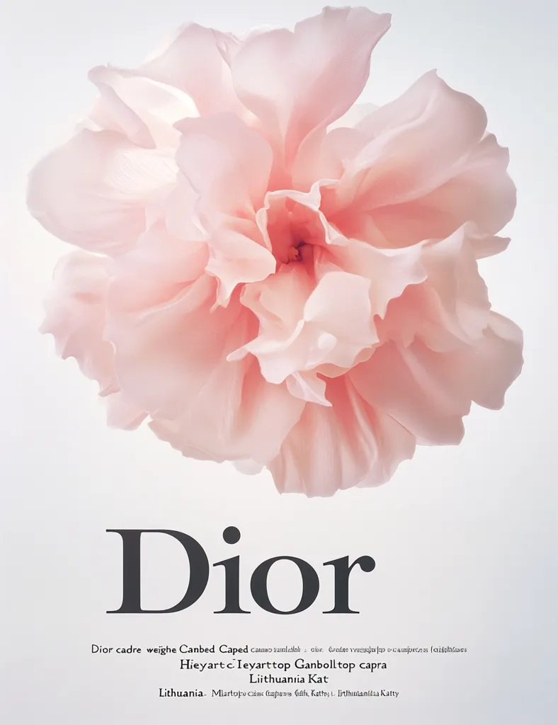 A delicate pink flower, possibly a peony or rose, dominates the image.  Its soft petals are artfully arranged, creating a visually appealing composition.  The word "Dior" is prominently displayed in a minimalist font below the flower, suggesting a fashion or beauty advertisement. Small text beneath provides additional, possibly product-related, details. The overall aesthetic is elegant and refined.